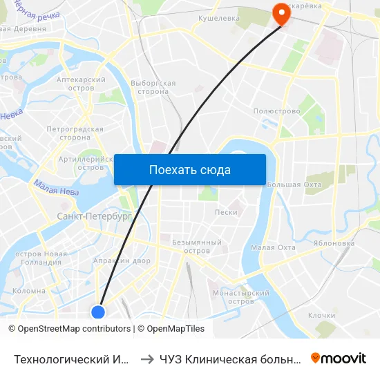 Технологический Институт - 1 (Tekhnologicheskiy Institut - 1) to ЧУЗ Клиническая больница ""РЖД-Медицина"" города Санкт-Петербург map
