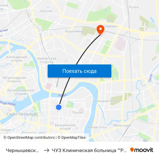 Чернышевская (Chernyshevskaya) to ЧУЗ Клиническая больница ""РЖД-Медицина"" города Санкт-Петербург map
