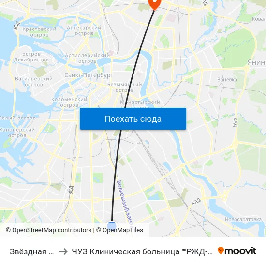 Звёздная (Zvyozdnaya) to ЧУЗ Клиническая больница ""РЖД-Медицина"" города Санкт-Петербург map