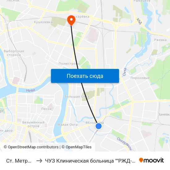 Ст. Метро Ладожская to ЧУЗ Клиническая больница ""РЖД-Медицина"" города Санкт-Петербург map