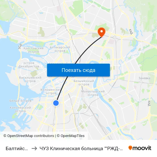 Балтийский Вокзал to ЧУЗ Клиническая больница ""РЖД-Медицина"" города Санкт-Петербург map