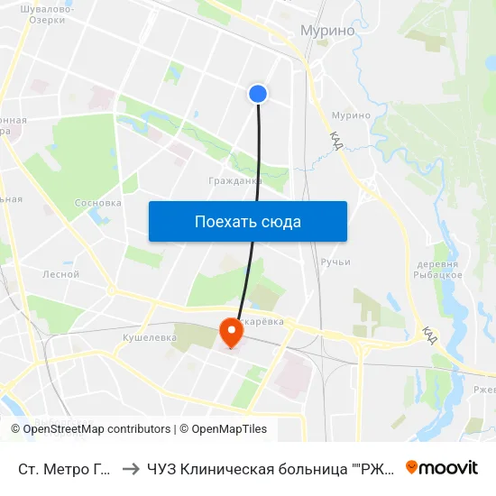Ст. Метро Гражданский Пр. to ЧУЗ Клиническая больница ""РЖД-Медицина"" города Санкт-Петербург map