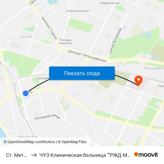 Ст. Метро Лесная to ЧУЗ Клиническая больница ""РЖД-Медицина"" города Санкт-Петербург map