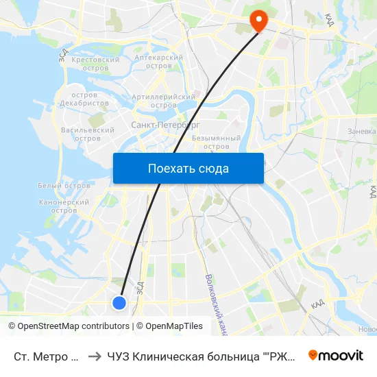 Ст. Метро Ленинский Пр. to ЧУЗ Клиническая больница ""РЖД-Медицина"" города Санкт-Петербург map