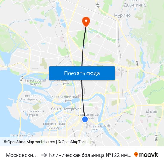 Московский Вокзал to Клиническая больница №122 имени Л.Г. Соколова map