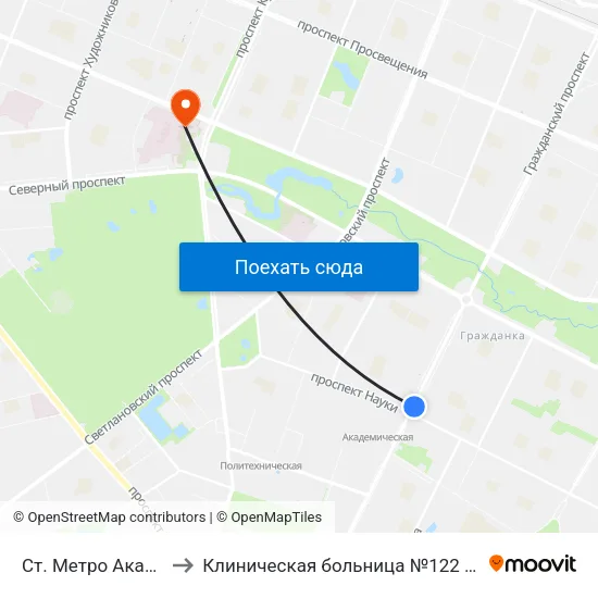 Ст. Метро Академическая to Клиническая больница №122 имени Л.Г. Соколова map