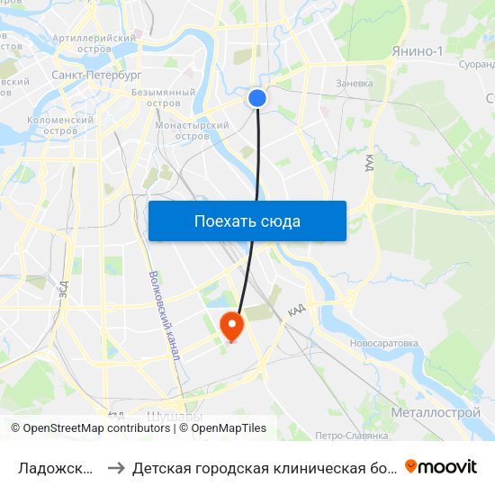 Ладожская (Ladozhskaya) to Детская городская клиническая больница №5 имени Нила Фёдоровича Филатова map