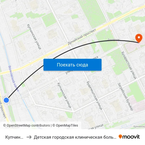 Купчино (Kupchino) to Детская городская клиническая больница №5 имени Нила Фёдоровича Филатова map