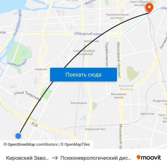Кировский Завод (Kirovsky Zavod) to Психоневрологический диспансер Фрунзенского района map