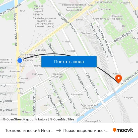 Технологический Институт - 2 (Tekhnologicheskiy Institut - 2) to Психоневрологический диспансер Фрунзенского района map