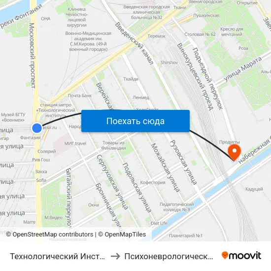 Технологический Институт - 1 (Tekhnologicheskiy Institut - 1) to Психоневрологический диспансер Фрунзенского района map