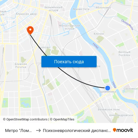Метро "Ломоносовская" to Психоневрологический диспансер Фрунзенского района map