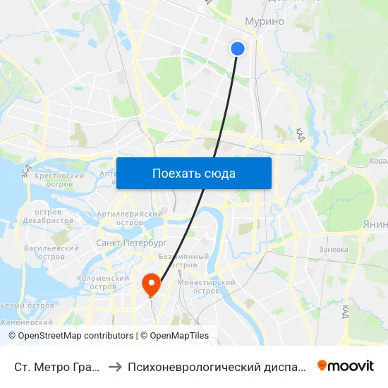 Ст. Метро Гражданский Пр. to Психоневрологический диспансер Фрунзенского района map