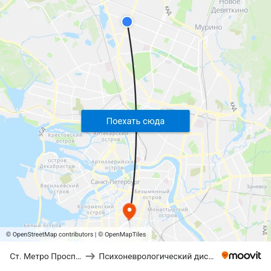 Ст. Метро Проспект Просвещения to Психоневрологический диспансер Фрунзенского района map