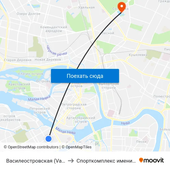 Василеостровская (Vasileostrovskaya) to Спорткомплекс имени В.И. Алексеева map