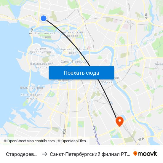 Стародеревенская Ул. to Санкт-Петербургский филиал РТА имени В.Б. Бобкова map