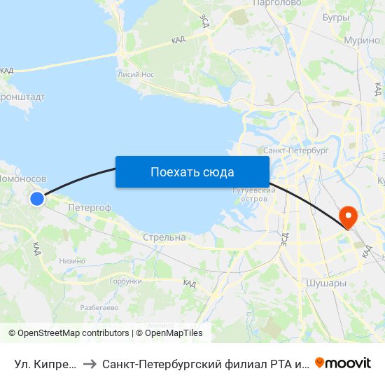 Ул. Кипренского to Санкт-Петербургский филиал РТА имени В.Б. Бобкова map