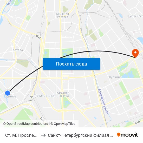 Ст. М. Проспект Ветеранов to Санкт-Петербургский филиал РТА имени В.Б. Бобкова map