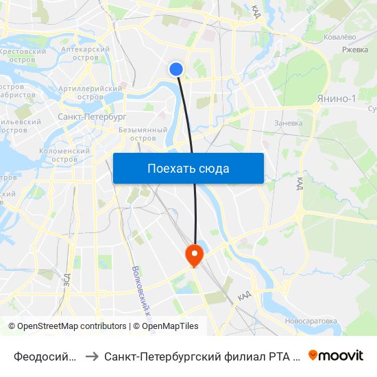 Феодосийская Ул. to Санкт-Петербургский филиал РТА имени В.Б. Бобкова map