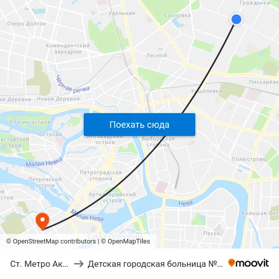 Ст. Метро Академическая to Детская городская больница №2 святой Марии Магдалины map