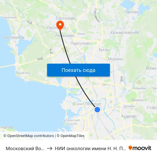 Московский Вокзал to НИИ онкологии имени Н. Н. Петрова map