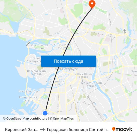 Кировский Завод (Kirovsky Zavod) to Городская больница Святой преподобной мученицы Елизаветы map