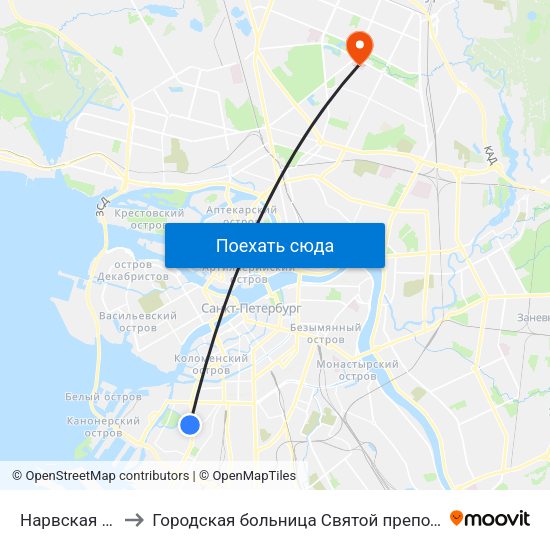 Нарвская (Narvskaya) to Городская больница Святой преподобной мученицы Елизаветы map