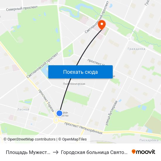 Площадь Мужества (Ploschad' Muzhestva) to Городская больница Святой преподобной мученицы Елизаветы map