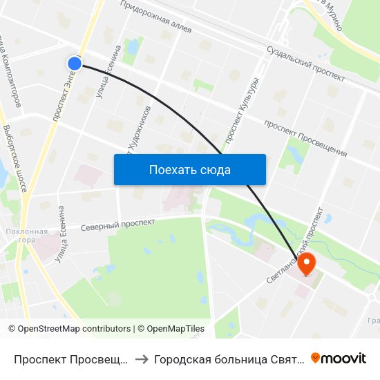 Проспект Просвещения (Prospekt Prosveschenya) to Городская больница Святой преподобной мученицы Елизаветы map