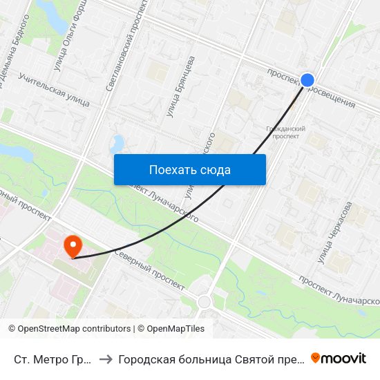 Ст. Метро Гражданский Пр. to Городская больница Святой преподобной мученицы Елизаветы map