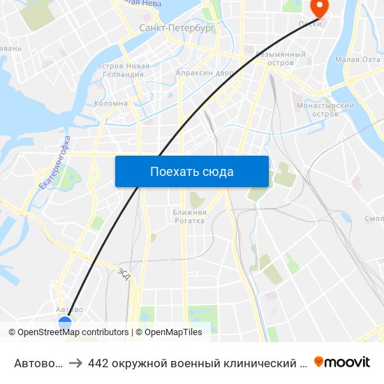 Автово (Avtovo) to 442 окружной военный клинический госпиталь имени З. П. Соловьева map