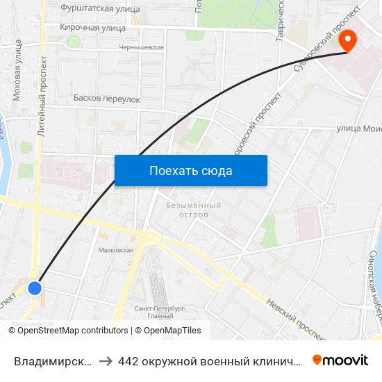 Владимирская (Vladimirskaya) to 442 окружной военный клинический госпиталь имени З. П. Соловьева map