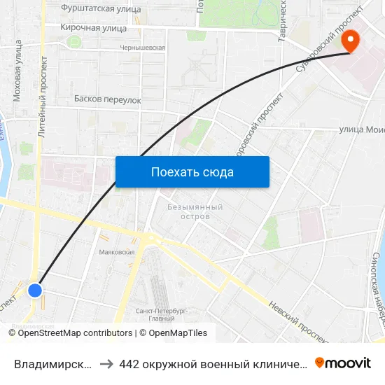 Владимирская (Vladimirskaya) to 442 окружной военный клинический госпиталь имени З. П. Соловьева map