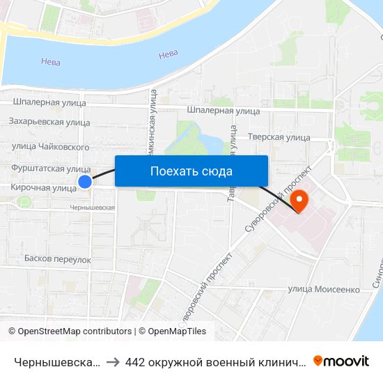 Чернышевская (Chernyshevskaya) to 442 окружной военный клинический госпиталь имени З. П. Соловьева map
