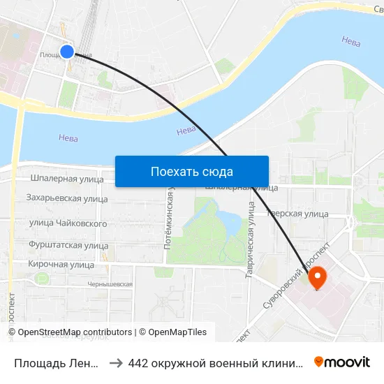 Площадь Ленина (Ploschad' Lenina) to 442 окружной военный клинический госпиталь имени З. П. Соловьева map