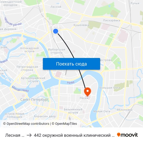 Лесная (Lesnaya) to 442 окружной военный клинический госпиталь имени З. П. Соловьева map