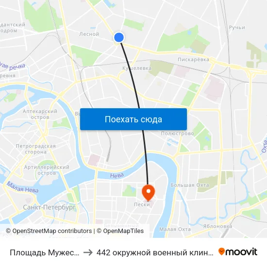 Площадь Мужества (Ploschad' Muzhestva) to 442 окружной военный клинический госпиталь имени З. П. Соловьева map