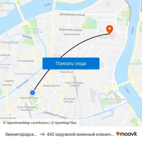 Звенигородская (Zvenigorodskaya) to 442 окружной военный клинический госпиталь имени З. П. Соловьева map