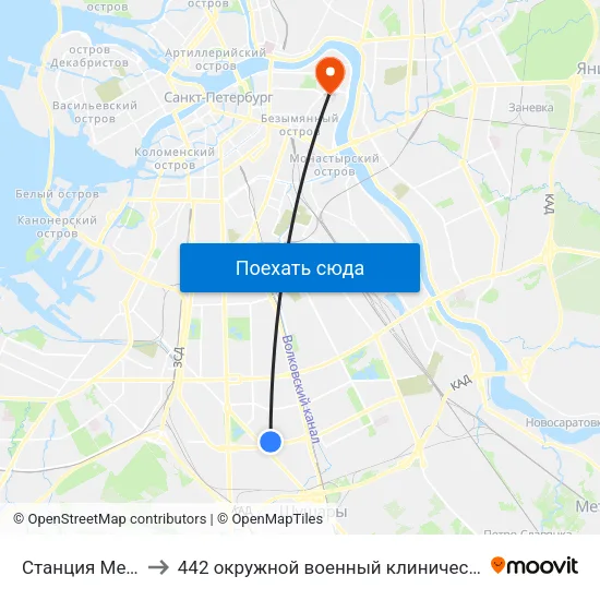 Станция Метро «Звездная» to 442 окружной военный клинический госпиталь имени З. П. Соловьева map