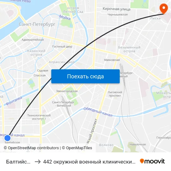 Балтийский Вокзал to 442 окружной военный клинический госпиталь имени З. П. Соловьева map