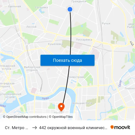Ст. Метро Академическая to 442 окружной военный клинический госпиталь имени З. П. Соловьева map
