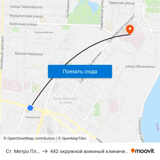 Ст. Метро Площадь Восстания to 442 окружной военный клинический госпиталь имени З. П. Соловьева map