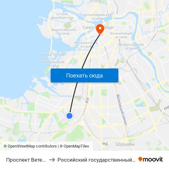 Проспект Ветеранов (Prospekt Veteranov) to Российский государственный педагогический университет имени А. И. Герцена map