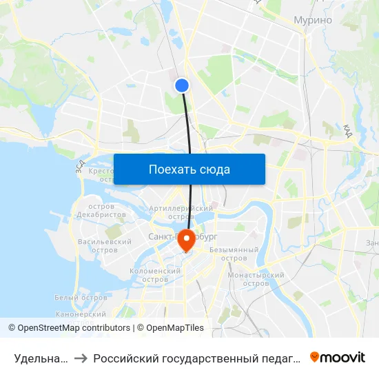 Удельная (Udel'Naya) to Российский государственный педагогический университет имени А. И. Герцена map