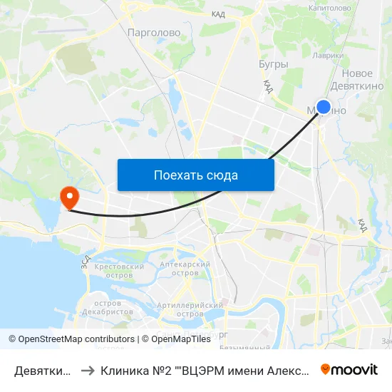 Девяткино (Devyatkino) to Клиника №2 ""ВЦЭРМ имени Александра Макаровича Никифорова"" МЧС России map