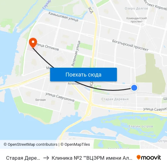 Старая Деревня (Staraya Derevnya) to Клиника №2 ""ВЦЭРМ имени Александра Макаровича Никифорова"" МЧС России map