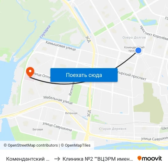 Комендантский Проспект (Komendantskiy Prospekt) to Клиника №2 ""ВЦЭРМ имени Александра Макаровича Никифорова"" МЧС России map