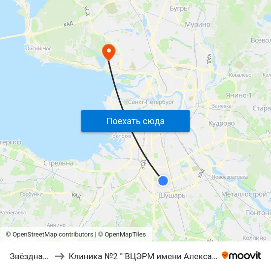 Звёздная (Zvyozdnaya) to Клиника №2 ""ВЦЭРМ имени Александра Макаровича Никифорова"" МЧС России map