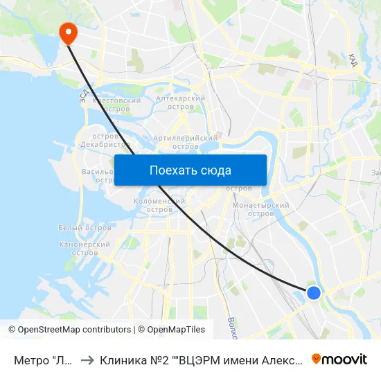 Метро "Ломоносовская" to Клиника №2 ""ВЦЭРМ имени Александра Макаровича Никифорова"" МЧС России map