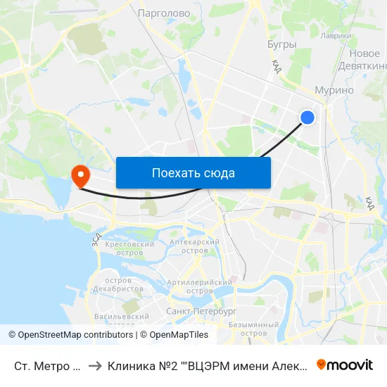 Ст. Метро Гражданский Пр. to Клиника №2 ""ВЦЭРМ имени Александра Макаровича Никифорова"" МЧС России map